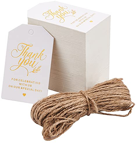 GLOBLELAND 200 Stück Geschenkanhänger “Thank You” Papieretiketten Anhänger Vielen Herzlichen Dank Papieranhänger mit 20M Jute Schnur für Gastgeschenke Hochzeit Weihnachten