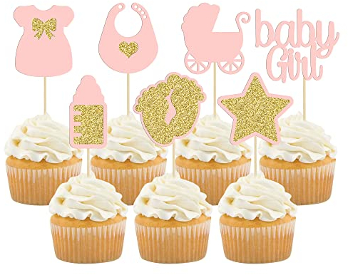 Gyufise 28Pcs Baby Shower Girl Cupcake Toppers Gold Glitter Star Dress Bottle Foot Print Nipple Baby Girl Cake Toppers for Baby Shower Baby Girl Birthday Party Decorations