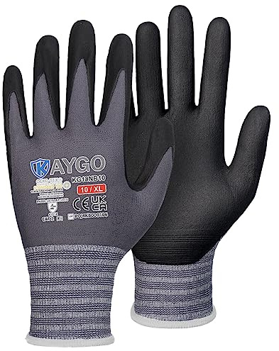 KAYGO Safety Work Gloves MicroFoam Nitrile Coated 12 Pairs, KG18NB | 15G Seamless Knit Nylon Liner, Breathable, High Dexterity, Non-Slip Grip in Oily for Warehouse, Automotive, DIY (Gray, XL)
