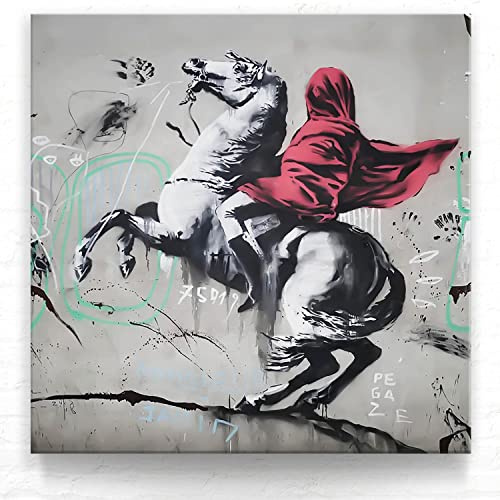 Banksy Kunstdruck Graffiti Bild, Napoleon On Horse als Leinwand-Bild, 50x50cm cm groß, Street Art Banksy-Style als Kunstdruck zur Wand-Deko. Banksy Wandbilder für Wohnzimmer, Büro
