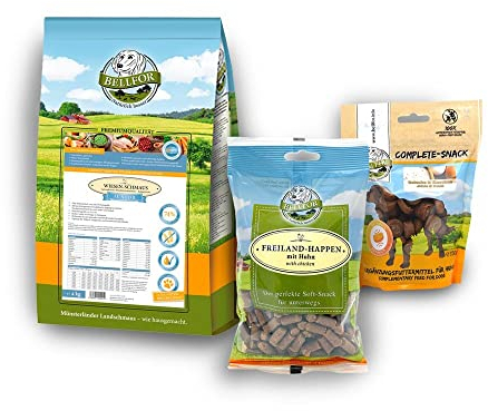Bellfor Welpenfutter Set für große Rassen Wiesen-Schmaus Junior 4 kg Freiland-Happen 200g und Gelenke und Knochen Complete-Snack 150g