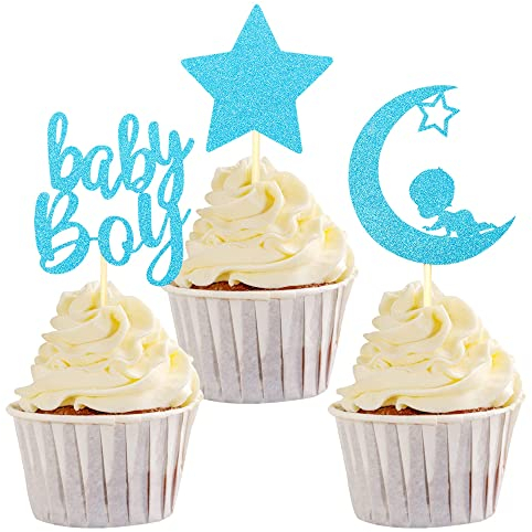 24 Stück Baby Boy Cupcake Toppers It's a Boy Tortendeko Geburtstag Glitter Star Moon Dekoration Baby Kindergeburtstag Geschlecht Offenbarung Party Dekorationen Blau