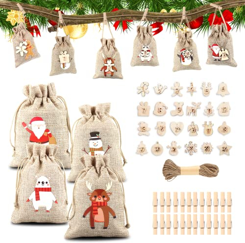 Esportic 24 Adventskalender Zum Befüllen, Stoffbeutel Adventskalender, Jutesack Adventskalender, Weihnachten Adventskalender, DIY Adventskalender Tüten, 13 * 18cm Geschenksäckchen Zum Befüllen