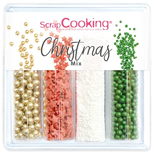 ScrapCooking - Décors Sucrés « Xmas Mix » 70 g - Assortiment 4 Variétés : Perles Dorées, Billes Vertes, Étoiles Rouges, Vermicelles Blancs - Décorations Bûche, Gâteau, Cupcakes, Déco Table Noël - 7520