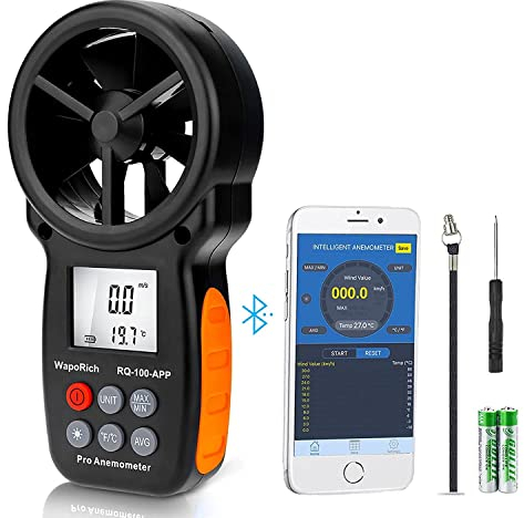 Anémomètre Bluetooth Portable, WapoRich RQ-100APP Anemometer Numérique avec Application MAX/MIN/AVG pour Frisson du Vent, Vitesse de l'Air, Température pour Tir, Surf et Activités Extérieures