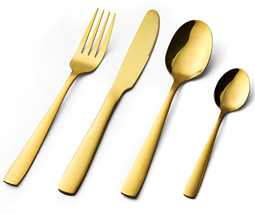 16 Piece Cutlery Set, Stainless Steel Flatware Silverware Sets with Square Edge, Service for 4 People, Elegant Tableware Included Knives Forks Spoons, Mirror Finished & Dishwasher Safe (Gold)