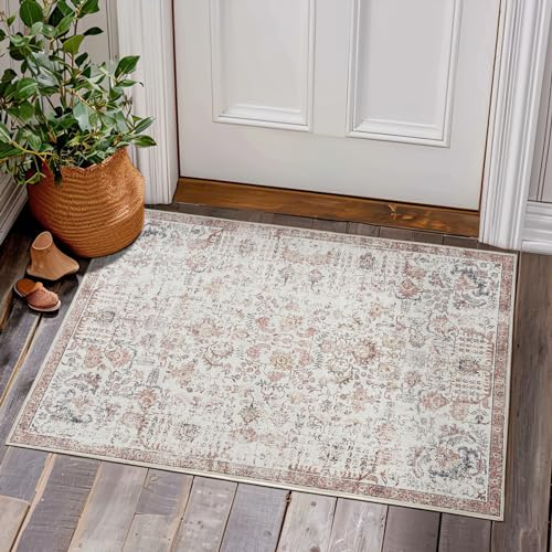 TOPICK Fußmatte 60x90cm Rot Kurzflor Türmatte Vintage Faltbar Dünner Waschbar Retro Fussmatte Multi Blumen Boho Innenbereich Teppich rutschfeste Küche Schlafzimmer