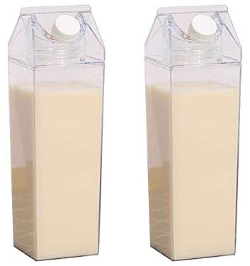 Alunsito 2 Pack Milk Carton Water Bottle, 34oz/1000ml Clear Plastic Milk Box Water Bottle, Portable Square Juice Bottle for Outdoor Sports Travel Camping, BPA Free Eco-Friendly Material