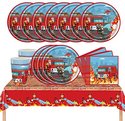 Set de Vaisselle pour Fête des Pompiers, 41 Pièces Vaisselle pour Fête d'anniversaire d'enfants, Assiettes en Papier, Gobelets en Papier, Nappes, Serviettes de Table pour une Fête de 10 Personnes(A)