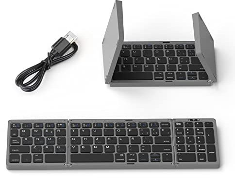 BRIMFORD Teclado Plegable Español Portátil con Teclado Numérico y Ñ - Teclado Español Inalámbrico, Recargable y Ultrafino - Compatible con Windows, iOS y Android - Ideal para Viajes, Office