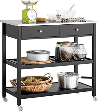 SoBuy FKW47-SCH Küchenwagen mit Edelstahlplatte Servierwagen Küchenregal mit 4 Rollen Flurschrank Sideboard Beistelltisch mit 2 Schubladen und 2 Ablagen Schwarz BHT ca.: 100x92x45cm