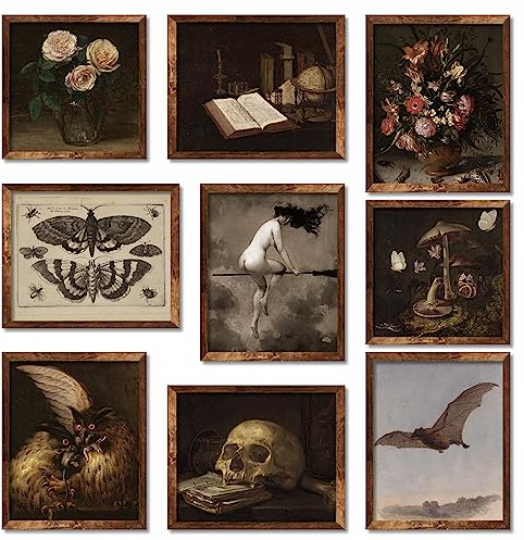 Whaline Dark Academia Wandkunstdrucke, Vintage-Halloween-Wanddekoration, Hexe auf Besenstiel, Blumenschädel, Gothic, Heimdekoration, Wandkunst für Halloween, Galerie, Wand, Wohnzimmer, Schlafzimmer,
