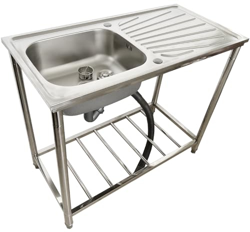 Fregadero de acero inoxidable para exteriores, fregadero de un solo tazón con grifo frío, fregadero de cocina comercial, fregadero independiente con tabla de cortar, para lavandería, camping, caravana