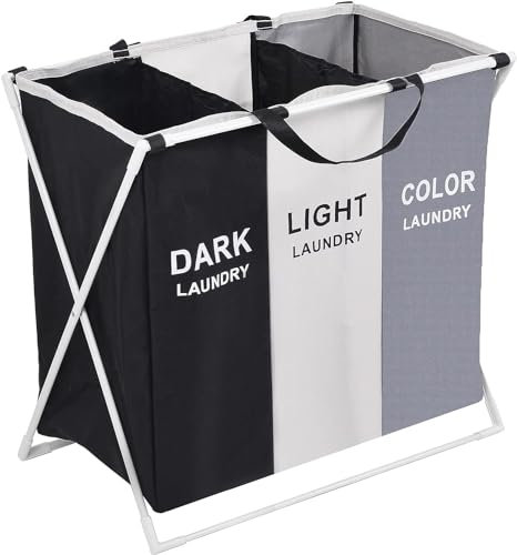AMD Nexus Foldable Laundry Basket 3 compartments Large Laundry Bins Collapsible Laundry Hamper with Aluminum Bracket and Carry Handles for Bedrooms Bathroom