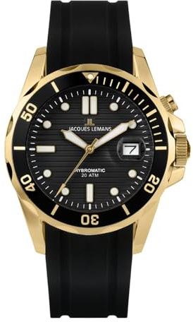JACQUES LEMANS Herrenuhr Hybromatic Silikonband massiv Edelstahl ip-Gold 1-2170F