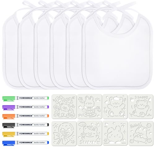 Aolso Lätzchen zum Bemalen - 6 Weiße Lätzchen Mit 6 Textilstift und 8 Zeichenvorlage, Geschenke zur Babyparty, Wasserdicht (18 * 18cm)