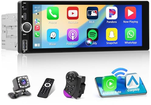 Single Din Car Stereo with Wireless Apple Carplay, 6.9 Inch 1280 * 480 Touchscreen Car Radio with Bluetooth 5.0 Android Auto Screen Mirror Link FM EQ USB/AUX/TF+Remote Control+Mic+Reversing Camera