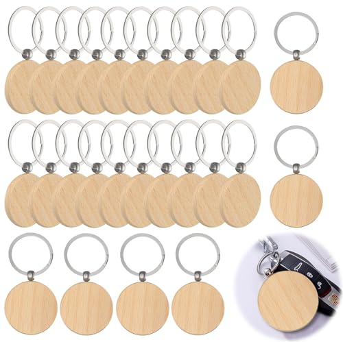 TOATELU 26 Stück Schlüsselanhänger Holz: Blanko Rund Schlüsselring, Personalisierte DIY Leer Holzschlüsselanhänger für DIY Schnitzen, Dekoration, Geschenke, Malen