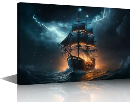 TISHIRON Piratenschiff, nautisches Wandbild, Gemälde, Geisterschiff, Schlafzimmer, Wohnzimmer, Wanddekoration, mittelalterlich, gerahmt, moderne Bilder, Leinwanddrucke, Kunstwerk für Wanddekoration,