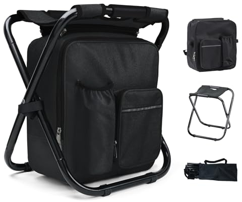 Outplea 40CM Tabouret Pliable Camping avec Poche de Glacière Amovible, Siege de Peche avec Sac à Dos, Compact et Fonctionnel, Chaise Pliante pour Chasse Pique-Nique, Noir