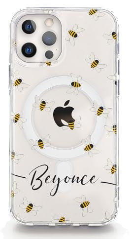Personalised Phone Case For Apple iPhones, 16, 15, 14, 13, SE Pro Max, Mini, Plus, Samsung S23, S24, S25 Gel Case Compatible with MagSafe, Bee Design with Black & White Name/Initials on Clear Case