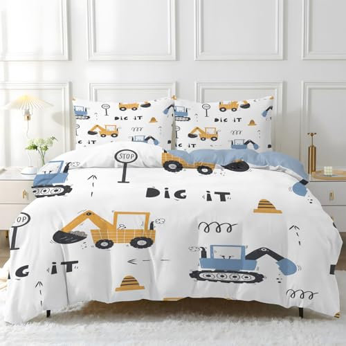 Linfye Bettwäsche 140x200 cm LKW-Junge Bettwäsche-Sets Bettbezug 140x200 Kinderbettwäsche, Weißer Traktor Weich Mikrofaser Bettbezüge 3 Teilig mit Reißverschluss + 2 Kissenbezug 80x80 cm