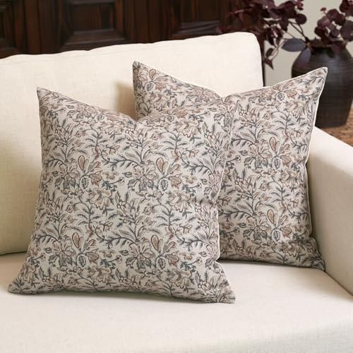 Amor Virisso Kissenbezüge mit Blumenmuster, Vintage-Blockdruck, dekorative Kissenbezüge, Couchkissen für Wohnzimmer, Bauernhaus, Akzente, Sofakissen, Grün/Sand