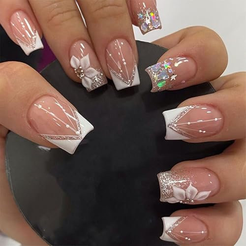 Zernblend 24 pièces courtes carrés Faux ongles - Blanc French Tips Brillant Press On ongles avec des paillettes bling, couverture complète des ongles artificiels