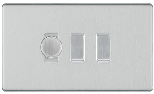 BG Brushed Steel Screwless 3 Gang Switch 1x Trailing Edge LED Dimmer 2x 2 Way