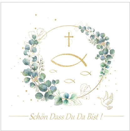 40 Stück Servietten kommunion, 33 x 33cm servietten kommunion deko junge mädchen, 'Schön, dass du da bist!'servietten eukalyptus Fisch, servietten taufe für Taufe und deko Kommunion