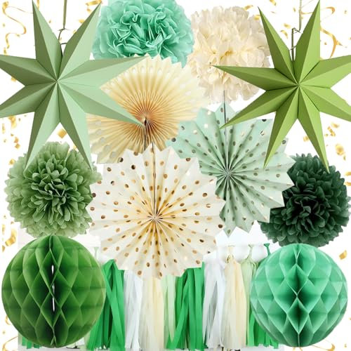 Geburtstagsdeko Grün Beige,Party Deko Geburtstag,15PCS Grüne Geburtstagsdeko für Frauen Mann Mädchen Junge,Hintergrunddekoration für Verlobung,Grüne Boho Hochzeit,Babyparty,Bridal Shower,Garten Party