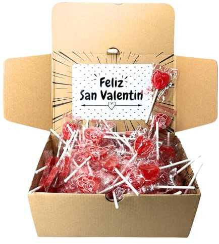 Caja San Valentin con 100 Piruletas Corazón Sabor Cereza/Caramelo Duro con Palo SIN GLUTEN