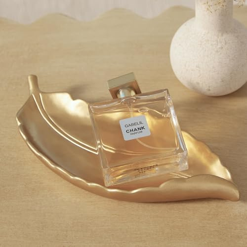 DN DECONATION Schmuckschale für Deko Wohnzimmer, Gold Dekotablett Blattform | Couchtisch & Bad, Vielseitiges Tablett für Kerzen, Parfum, Ringe oder als Serviertablett, Home Decor Geschenk
