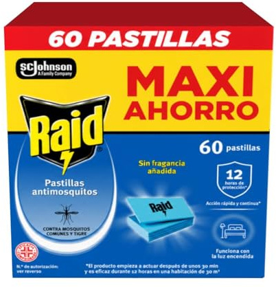 Raid - Pastillas antimosquitos, 60 almohadillas sin olor para mosquitos comunes y tigres, hasta 12 horas de protección, compatibles con difusores Raid