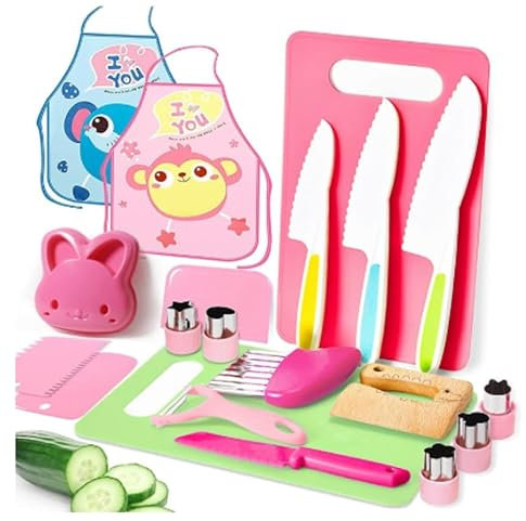 20 Pièces Kit de Cuisine Enfant Sécurisé, Jouet Cuisine Enfant, Couteaux et Ustensiles pour Découper Fruits & Légumes, Jeu Éducatif 2-6 Ans, Jouet d'Imitation pour Apprendre à Cuisiner