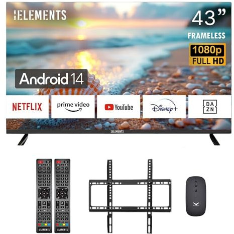KB ELEMENTS 43 Zoll (109 cm) Full-HD Smart TV mit HD Triple Tuner (DVB-C/-S2/-T2), App Store, Prime Video, Netflix, YouTube, DAZN, Disney+,Android 14