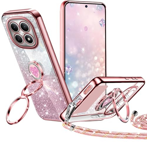 Tawarror Glitzer Handyhülle für Xiaomi Redmi Note 15 5G Hülle mit Band, Galvanisierte Silikon TPU Schutzhülle mit Herzen Doppelring Ständer Kordel zum Umhängen, Roségold