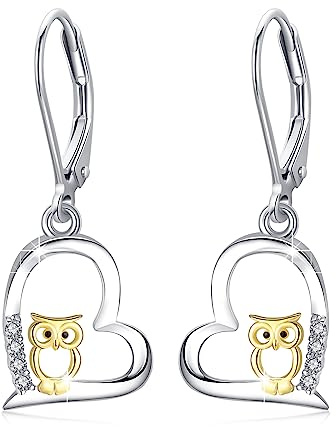 REDSUN Boucles d'oreilles en forme de chouette en forme de cœur - Or/or rose/noir - Argent sterling 925 - Boucles d'oreilles pendantes - Hiboux - Bijoux hypoallergéniques - Pour filles, femmes, mères