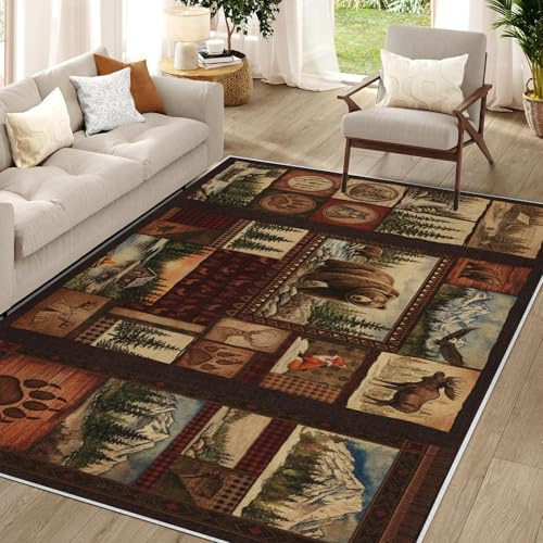 Waschbarer Kurzflor-Teppich 160x200 - Wildtiere Patchwork-Kunst Teppiche - Landhausstil Cottage Dünn Saugfähig Carpet Für Wohnzimmer Schlafzimmer Jugendzimmer Jungen Mädchen Oder Als Bettvorleger QY30