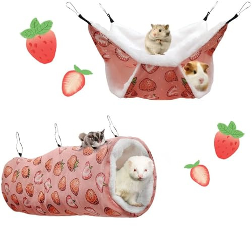 DiiWmme 2-Pack Soft Hamster Hammock Set, Plush Hammock and Tunnel for Guinea Pigs, Ferrets and Other Small Pets, Cage Accessory for Hiding, Playing and Sleeping (Green Avocado) (Strawberry)