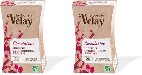 L'Herboriste du Velay - Infusion BIO Circulation - Vigne Rouge, Feuilles de Mûrier, Aubépine - Ingrédients 100% Issus de l'Agriculture Biologique - Conditionné au Puy-en-Velay - Boite de 20 Sachets