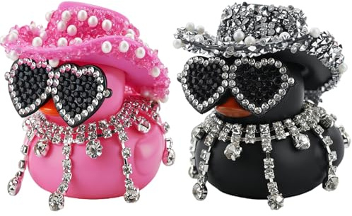 2 Stück Strassstein Gummiente Auto Ornamente,Glitzer Gummiente Auto Deko | Autos Armaturenbrett Dekorationen,Rubber Ducky mit Glänzender Hut & Sonnenbrille für Autos,Büro,Schreibtisch Dekoration