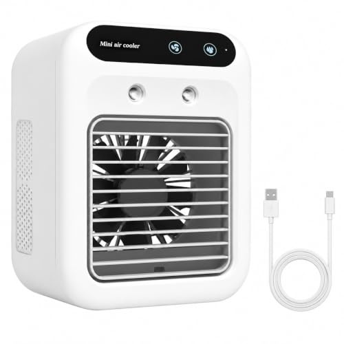 Portable Air Cooler, 3 in 1 Mini Air Cooler Fan with Water, 2 Fan Speeds & 2 Mist Modes, 500ml Water Tank, USB Type-C Powered Personal Desktop Cooler for Home, Office, Bedroom