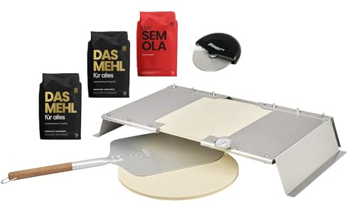 MOESTA-BBQ 19727 PizzaCover Flex Set 2 - Gasgrill Edelstahl Pizzaaufsatz - Bundle mit Pizzaschieber, Pizzastein, PizzaCut, 1 kg Semola, 2 kg Mehl