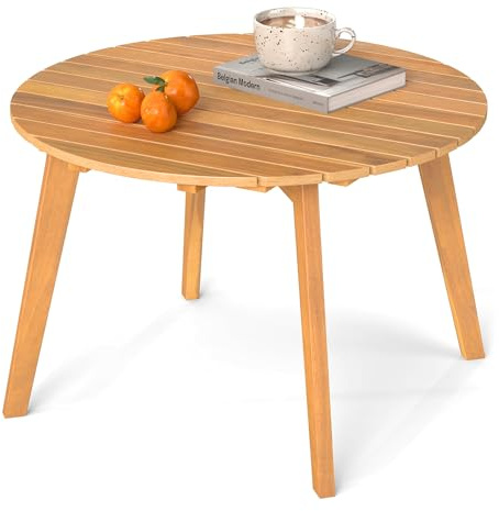 COSTWAY Table d'Appoint Extérieure en Bois d'Acacia | Table Basse de Jardin Ronde ⌀62 cm avec Plateau à Lattes Structure Renforcée X, pour Terrasse Balcon Patio, Charge 75kg