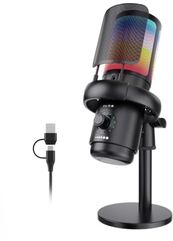 SINWE Gaming-Mikrofon mit AI-basierter Rauschunterdrückung und Verstärkungskontrolle, USB-PC-Mikrofon für Streaming, Gaming, Podcasts, PC, PS4, inklusive Schnellstummschaltung und RGB-Beleuchtung
