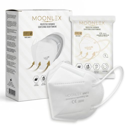 Moonlex FFP2 Maske I Atemschutzmaske 5-Lagen I Staubschutzmaske hygienisch einzeln verpackt, CE zertifizierte Masken I faltbare Partikelfiltrierende Halbmaske, hohe Atmungsaktivität, Farbe: weiß