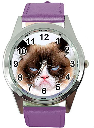 TAPORT® Watch Analogue Quartz with Real Leather Band Violet Round for Fan of Grumpy CAT