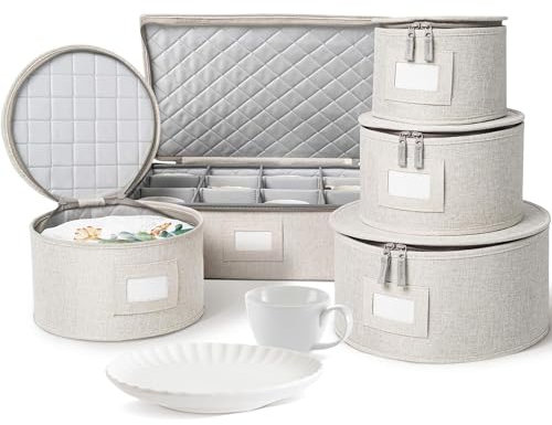 Porzellanaufbewahrungs-Set, robust und stapelbar, zur Aufbewahrung und Transport von Geschirr, schützt Geschirr, Tassen und Becher, Filzteller-Teiler enthalten (cremefarben, 5-teiliges Set)