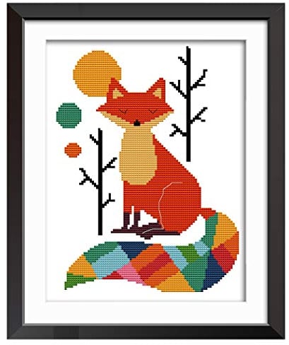 MWOOT DIY Stickgarnituren Kreuzstich-Set,11CT Bunter Fuchs Gestempelt Cross Stitch Kit,Handarbeit Stickerei Craft für Erwachsene Sticken (28x38cm)